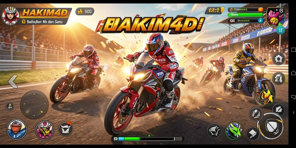 Gameplay HAKIM4D menampilkan balapan motor yang cepat dan mendebarkan.