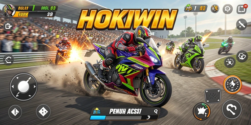 Tampilan gameplay HOKIWIN dengan aksi balap motor yang mendebarkan.