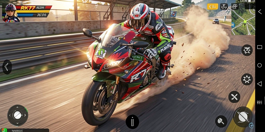 Tampilan gameplay menakjubkan RK77 dengan aksi balap motor yang cepat.