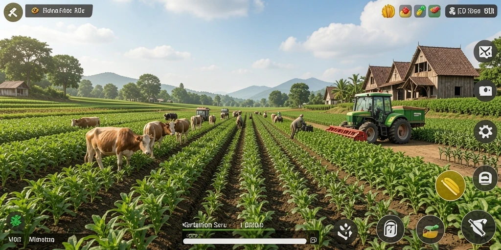 Screenshot gameplay V07 menampilkan suasana pertanian yang indah dan interaktif.